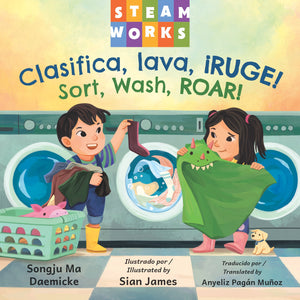 Book cover of 'Clasifica, lava, ¡Ruge!' with two children in a laundry room.