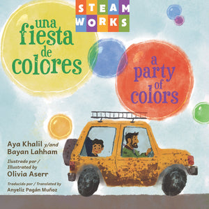 Book cover of 'Una Fiesta de Colores' with a car and children illustration, colorful text, and Steamworks logo.